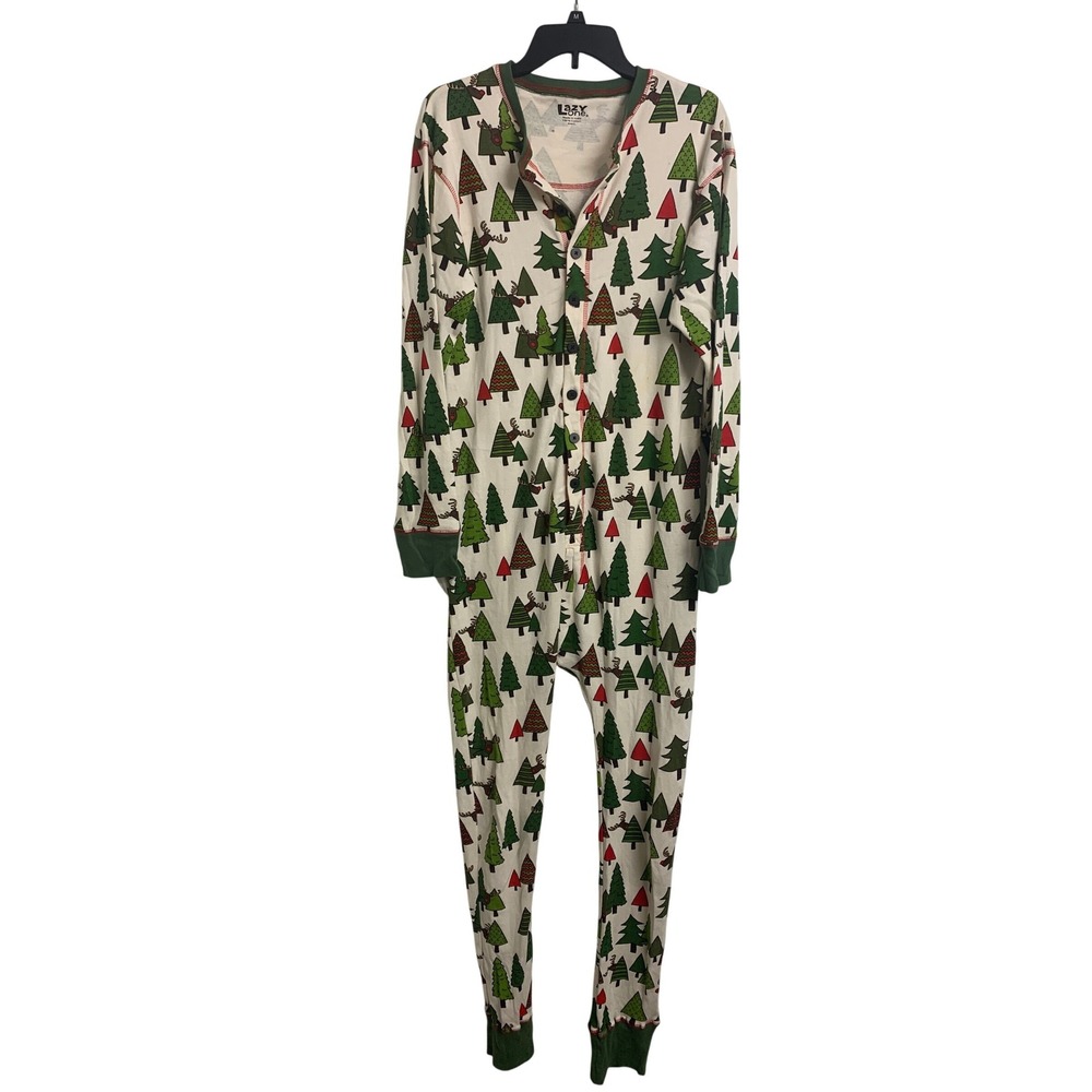 Lazy One No Peeking Reindeer Flapjack Union Suit Pajamas Green Cream  Large